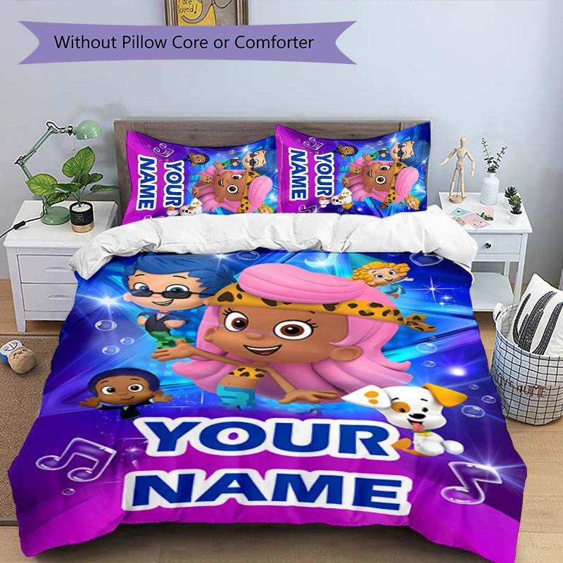 3pcs Bubble Guppies Cover Set - Personalized Name, HD Printed Bedding with 1 Cover and 2 Pillowcases - Perfect for Home Decor, Easy Care