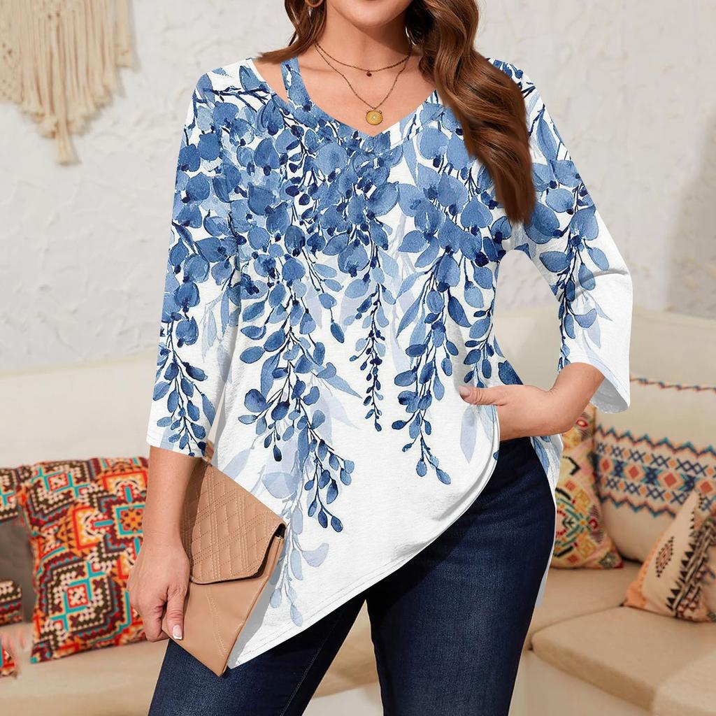 Women's Print Plus Size Tops Hollow V Neck 3/4 Sleeve Shirt Elegant Casual Tops