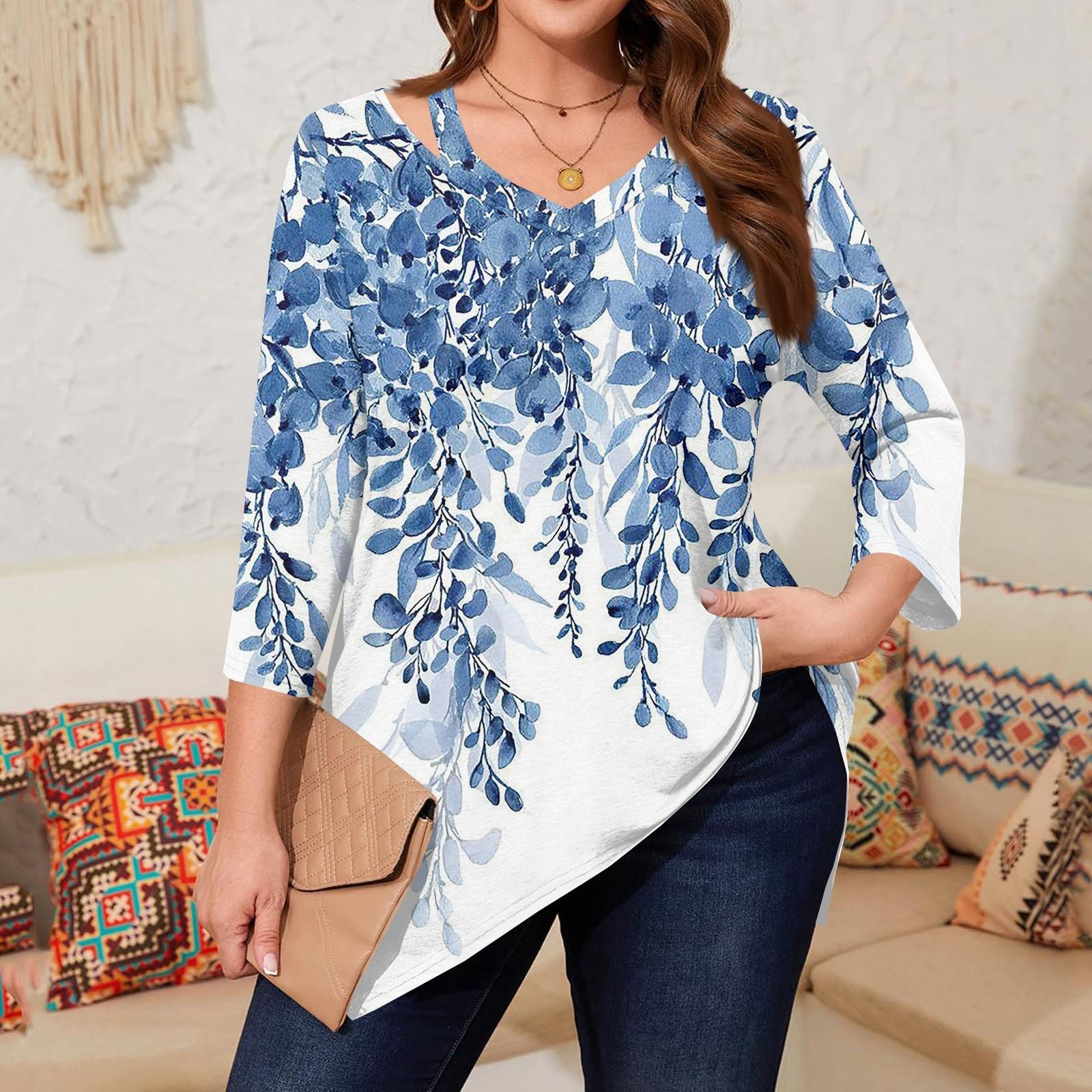 

Женские топы с принтом больших размеров с вырезом в виде капли и рукавом 3/4, элегантные повседневные топы XXL