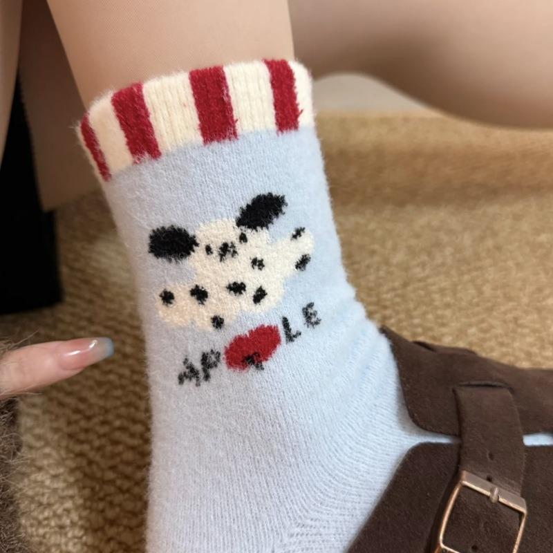 Soft and Thick Australian Fleece Socks for Girls, Fluffy Balls, Fun Mid-calf Socks, Fabric Label, Qiuqiu, Warm Autumn and Winter Socks