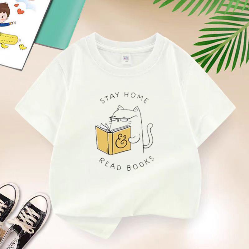 Cat Reading T-shirt for Girls Cotton Kids T Shirt Cartoons Children Casual Clothes Teen Baby Girl Summer Y2K Tops 6 8 10 12 Year