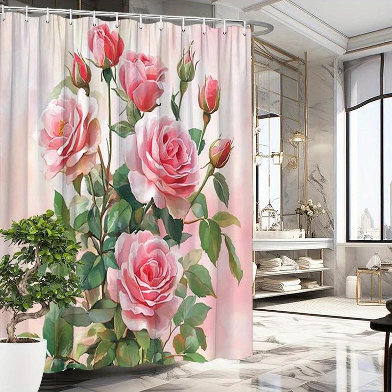 1pc Romantic Pink Roses Shower Curtain - Green Leaves, Polyester,  12 Hooks, Washable & Durable