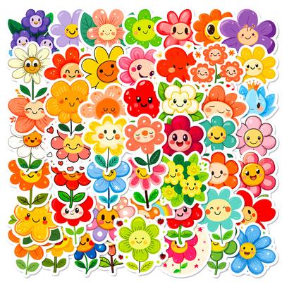 New 50 Cartoon Colorful Sun Flower Stickers Kawaii Healing Smiley Face Little Flower Children's Reward Stickers