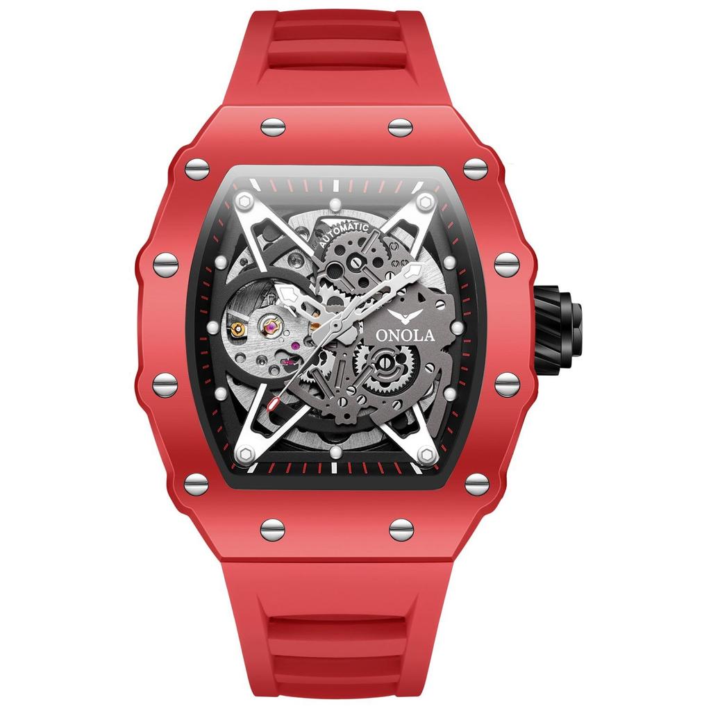 Automatic Skeleton Watch Mens Waterproof Luminous Tonneau Mechanical Wrist Watch Silicone Band
