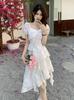 White square neck bubble sleeve dress summer female French temperament waist thin irregular ruffle edge first love dress