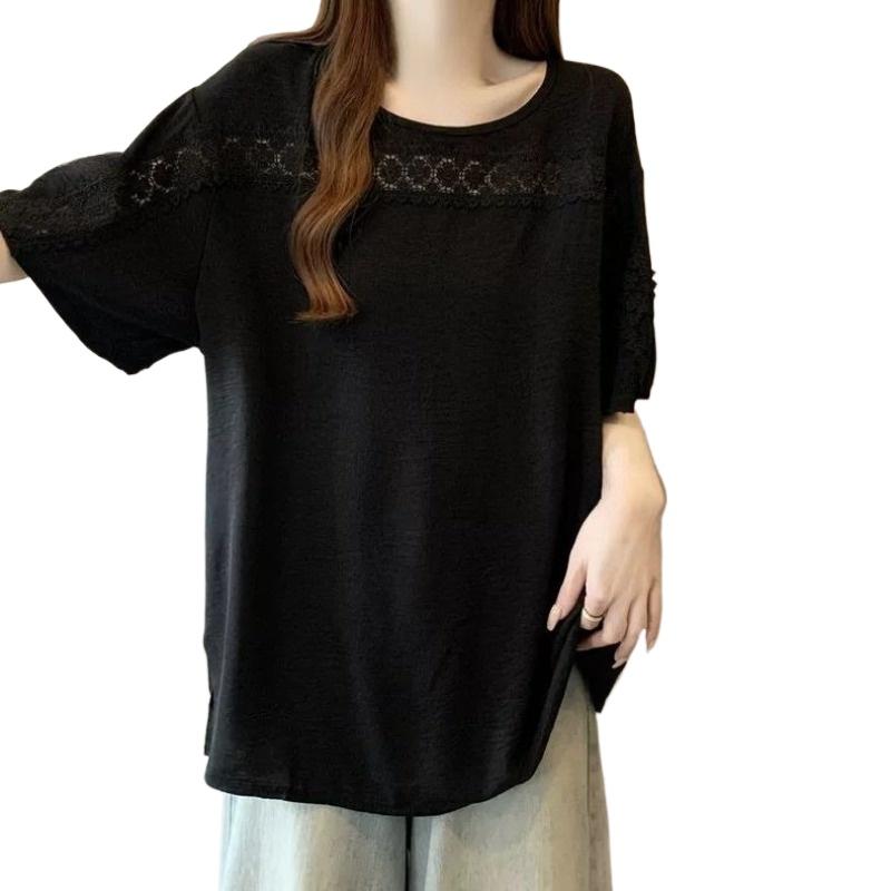 Women's Solid Color T-shirt Ladies' Lace Hollow Round Neck Short Sleeved Blouse Summer New Korean Version Loose Versatile Top