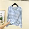 V-neck Modal With Chest Pad T-shirt Women's Spring Inner wear Long sleeve Stripe Bottoming Shirt Thin Casual Plus size Loose Top