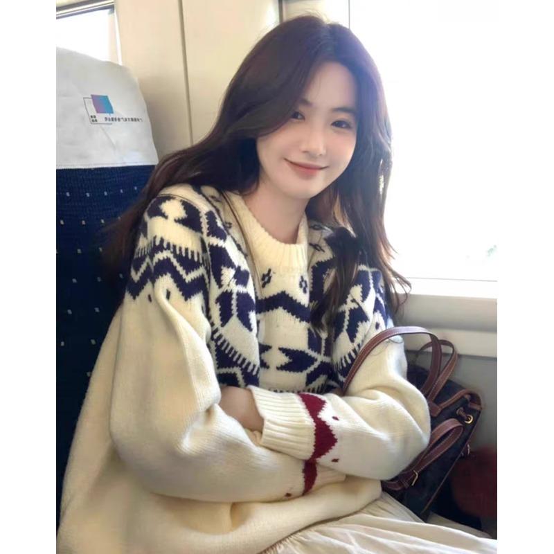 Autumn/winter Korean O-neck Casual Loose Pullover Printed Sweater Women Sweet Long Sleeved Office Knitted Top Office Retro Simple Sweaters