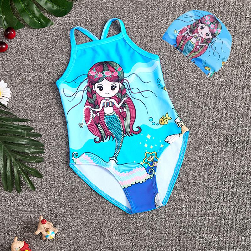 Exclusive Mermaid Print Halter Bikini for Baby Girls - One-Piece Swimsuit & Cartoon Vest Set