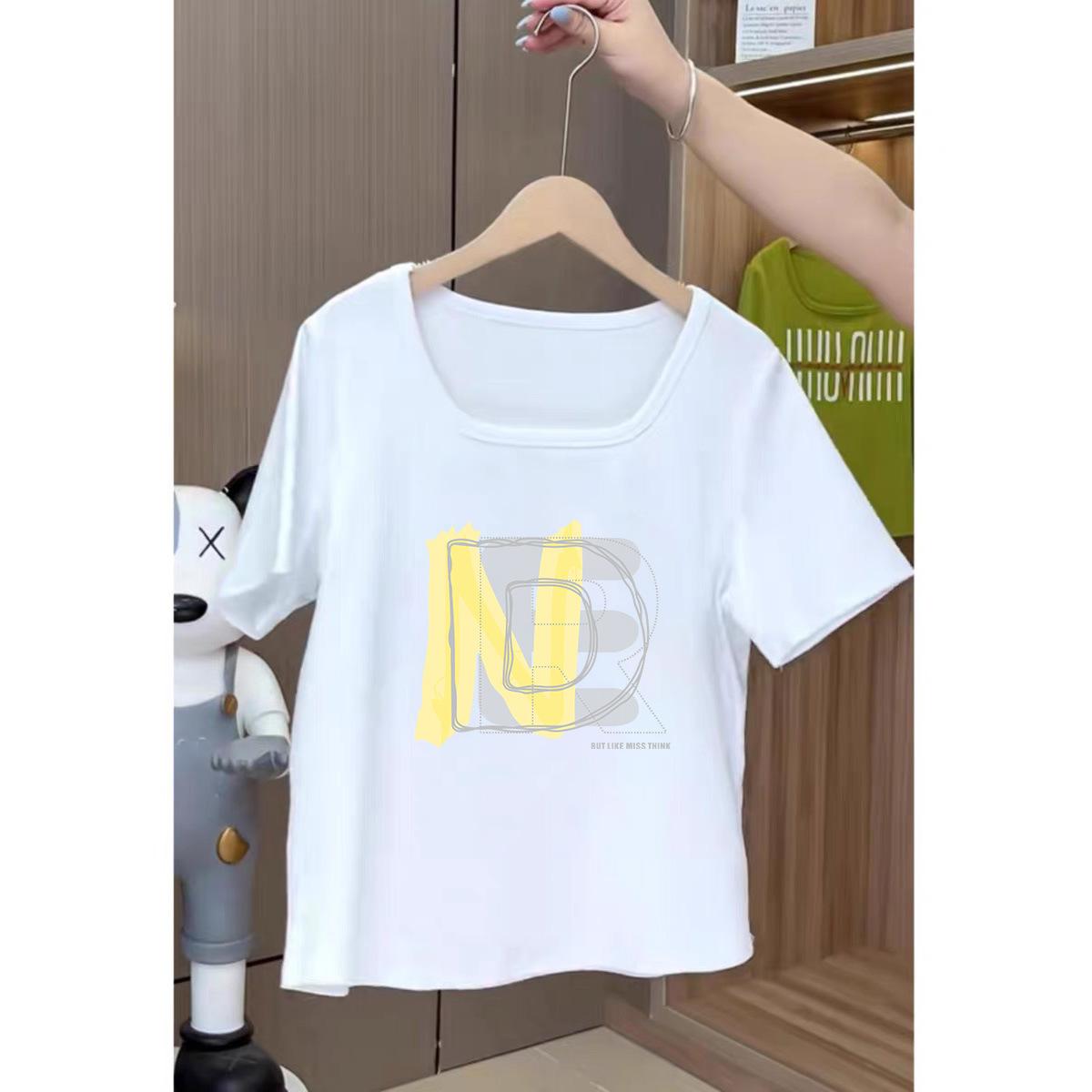 

Loose design square neck short top front shoulder short sleeve t-shirt women s summer 2025 new slim and thin sweet M [80-60kg]