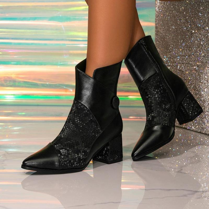 Fashion Sexy Black Pointed Toe Snake Print Ankle Boots Women Fashion Sequins Buckle Thick-sole Modern Boot Cozy Large Size Designer Boot
