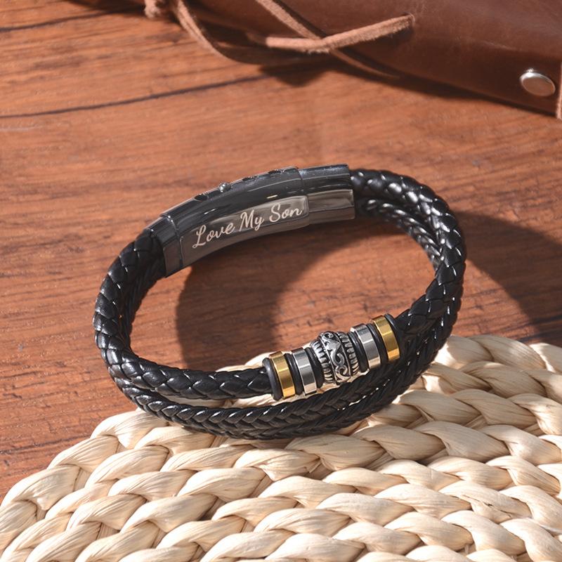 Ethnic Style Woven Bracelet, Stainless Steel Chain, Men's Multi-layer Woven Leather Rope Snap Bracelet