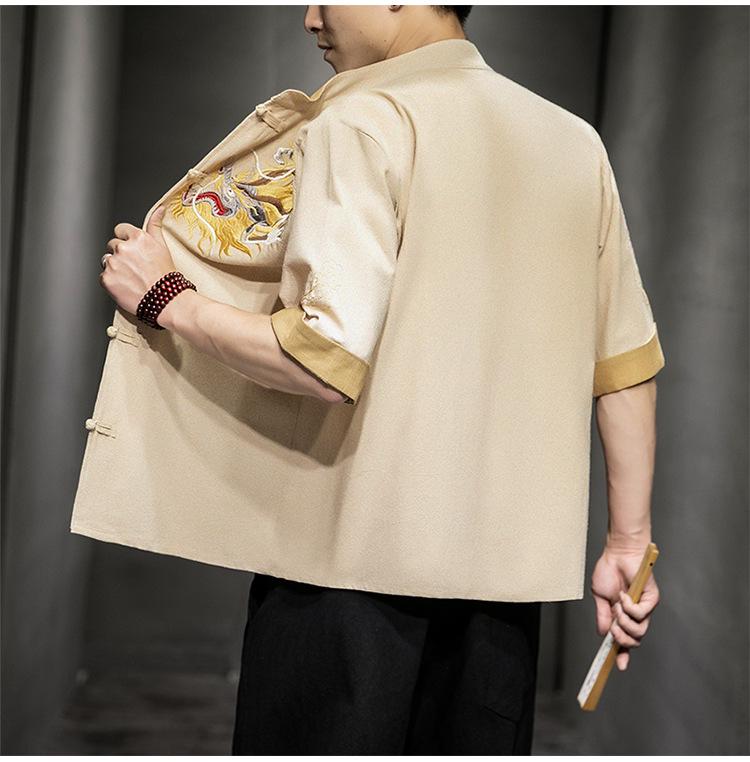 Men's Retro Dragon Embroidery Shirt with Frog Buttons - Casual Short Sleeve, Plus Size