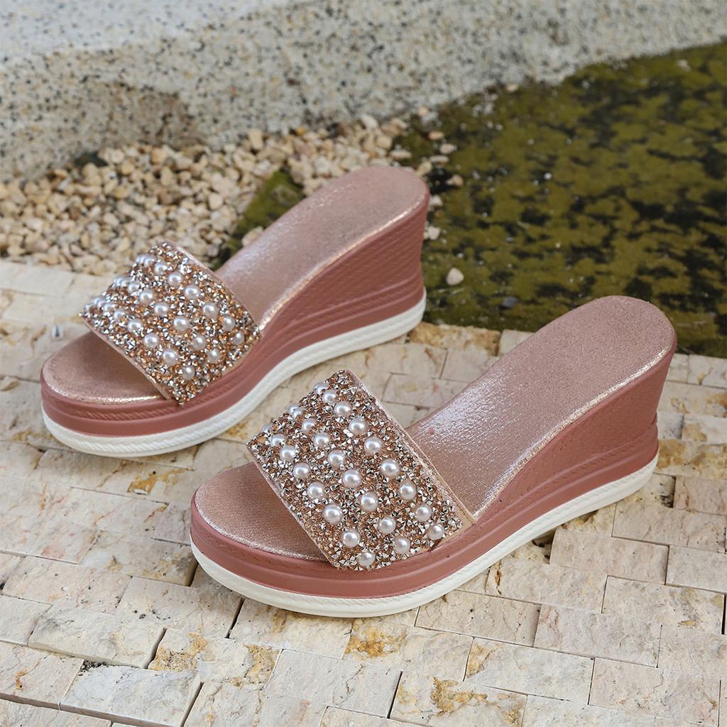 Queen Style Sandals Women'S Casual And Stylish Pearl And Rhinestone Platform Wedge Sandal Womens Summer Dress Accessories