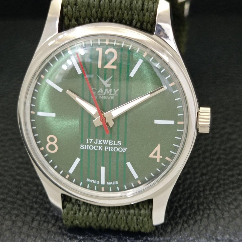 HAND-WINDING VINTAGE CAMY SWISS MENS REFURBISHED GREEN DIAL WATCH A500007-2 R151a-a500007