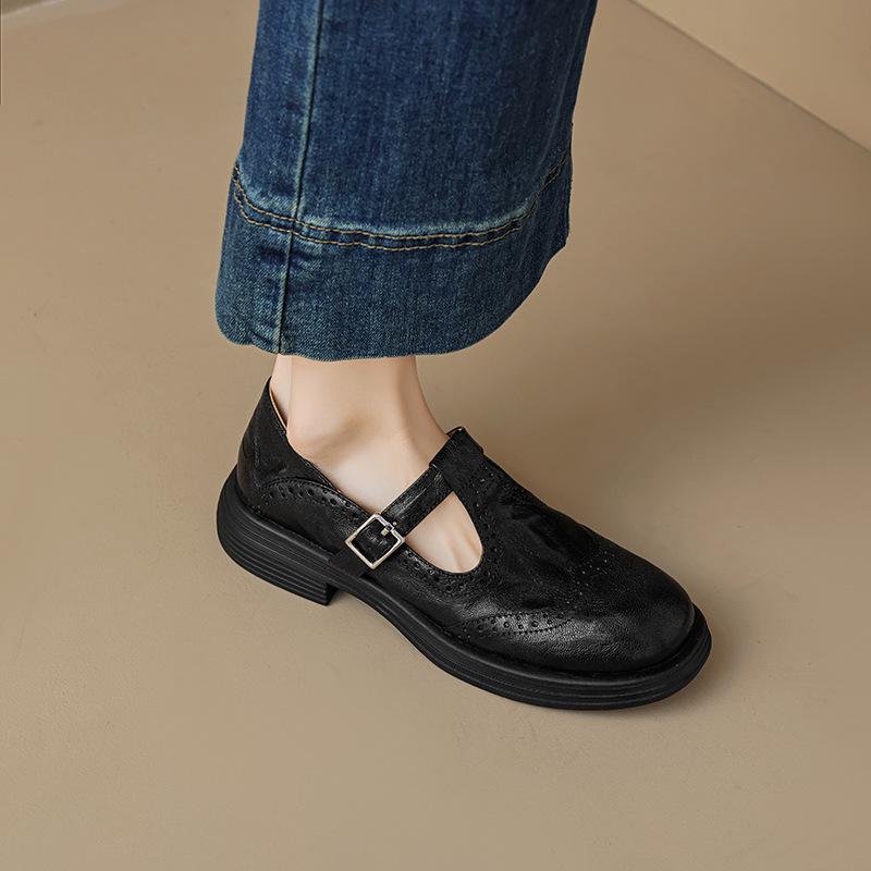 

Женские лоферы-броги в британском стиле 2025 года: Натуральная кожа, Круглый носок, Резной дизайн, Плоские туфли для работы. 37 чёрный