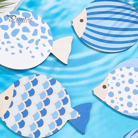 Adhesive Fish Cutouts for Walls 6Pcs Wooden Wall Decor, Marine Striped Ocean Theme Stickers, Self-Adhesive Nature Inspired Art Coastal Beach Kids Room
