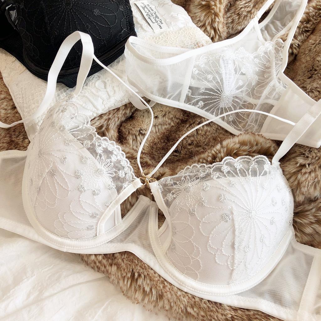 Sexy Hollow Cross Sling Bra French Lace Flowers Embroidery Women Underwear Set Comfort Thin Cup Push Up Bras Romantic Lingerie