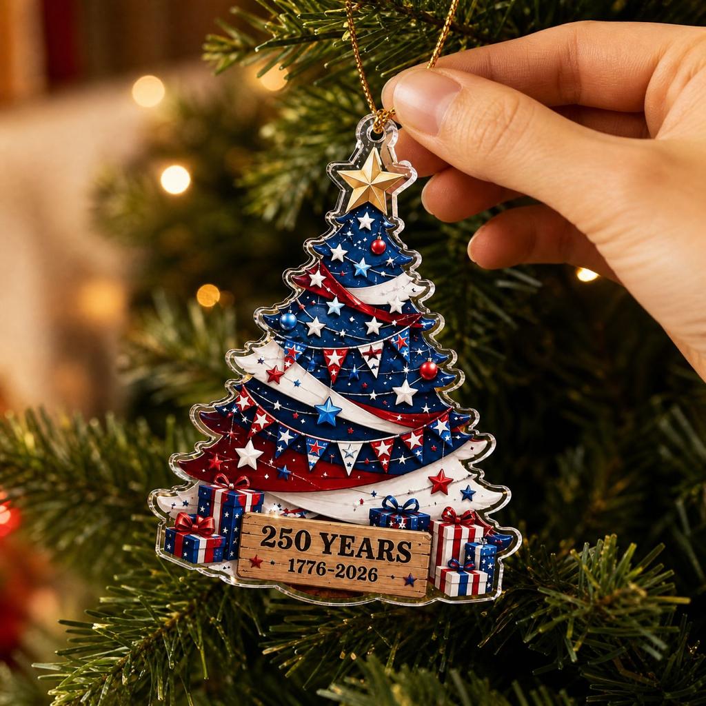 Patriotic Acrylic Christmas Tree Ornament for USA 0th Anniversary, Red Blue Holiday Decoration, Commemorative Gift