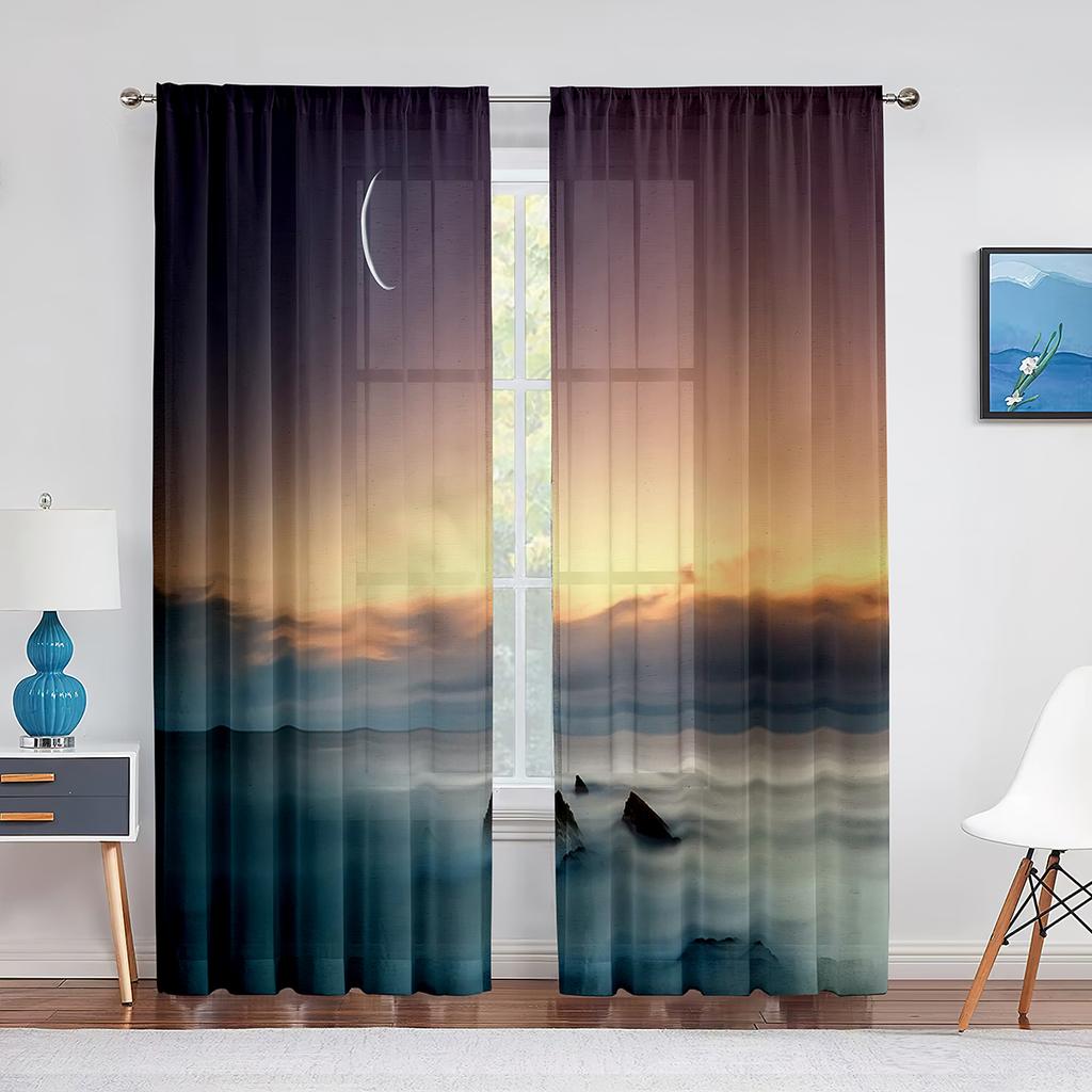 Starry Night Scenery Sky with Stars Moon Tulle Curtains for Living Room Bedroom Kitchen Decor Chiffon Sheer Voile Window Curtain