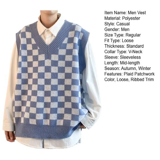 Aoleaky Men Knit Vest Checkered Checkboard Plaids Sleeveless Jumpers Sweater Pullover V Neck Basic For Autumn Winter Black XS