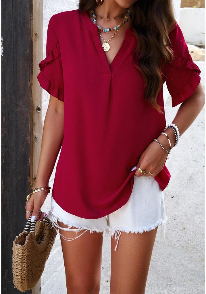2026 Spring/Summer Women's V-neck Short-sleeved Casual Top - Elegant European and American Style