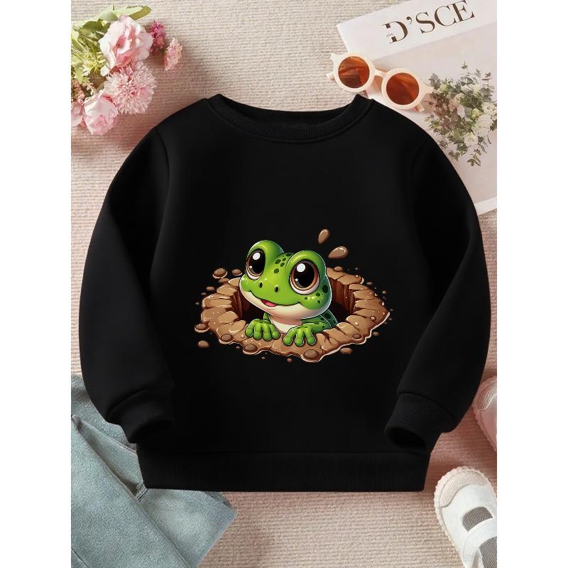 Kids Crewneck Sweatshirt, Cute Green Frog Peeking Out of Muddy Pond Graphic Print