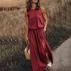 Women Summer Dress Pleated Round Neck Sleeveless Solid Color Loose Slit Hem Maxi Dress Daily Date Party Wear Long Dress