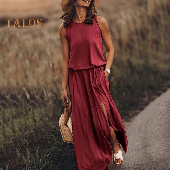 Women Summer Dress Pleated Round Neck Sleeveless Solid Color Loose Slit Hem Maxi Dress Daily Date Party Wear Long Dress