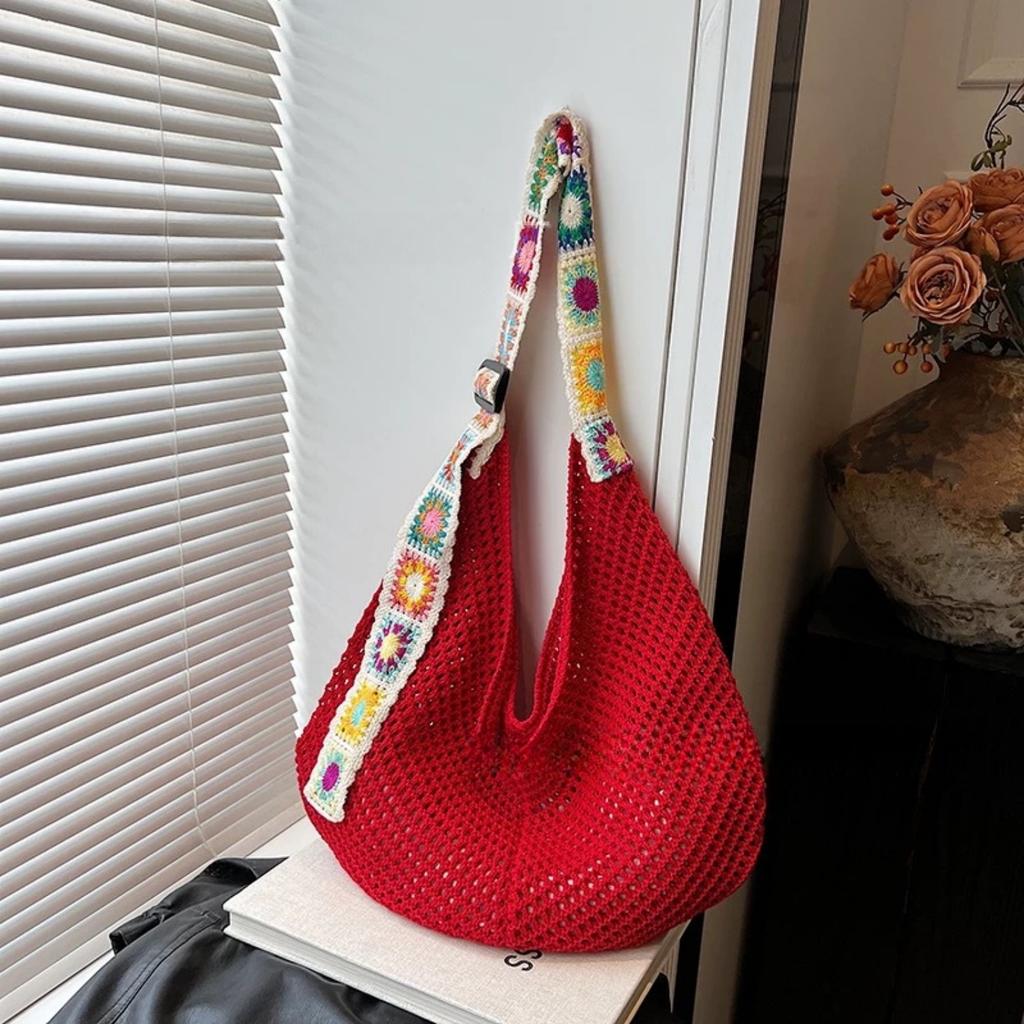 Mesh Beach Bag Knit Summer Hobo Bag Vacation Boho Tote Bag for Women Crochet Tote Bag
