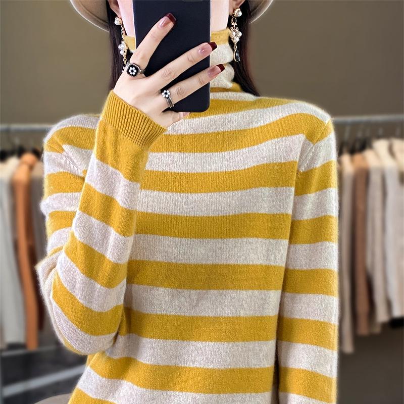 DAFIFY Pulovere de damă la modă, casual, de toamnă-iarnă, cu imprimeu cu dungi, cu mânecă lungă și gât înalt