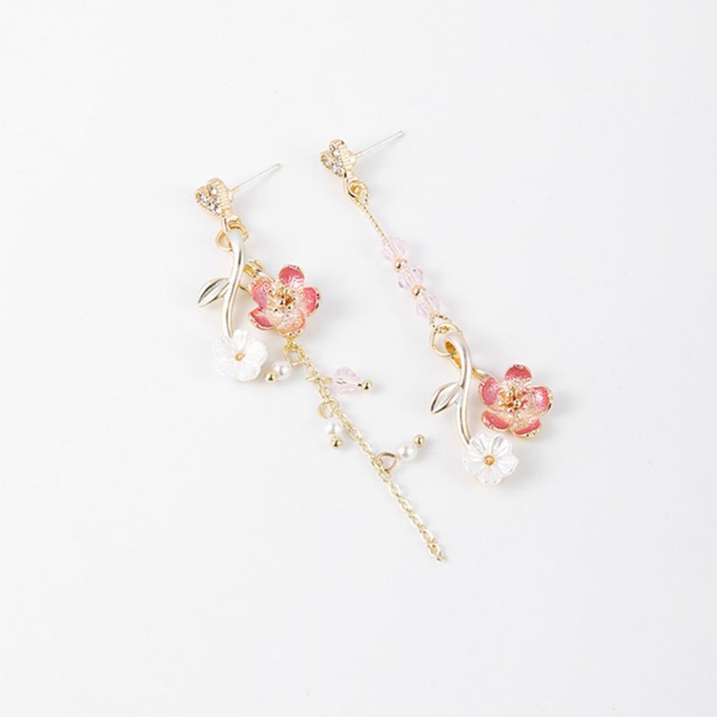 Sweet Pink Cherry Blossom Long Chain Tassel Asymmetrical Drop Earrings For Women Men Elegant Flower Heart Earring Dainty Jewelry