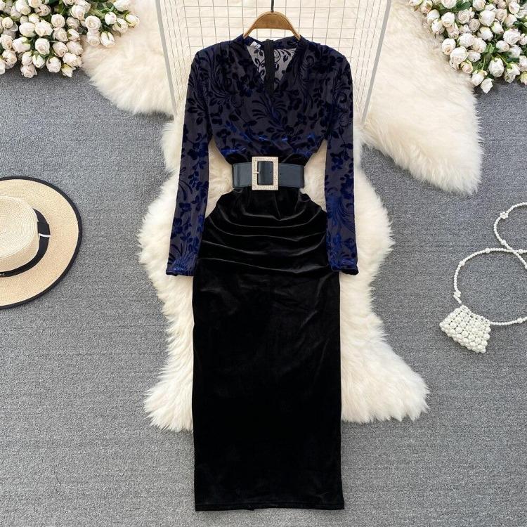 New Autumn Celebrity Temperament V Neck High Waist Dress with Bronzing Printing Fold Stitching and False Two Bag Hip Design