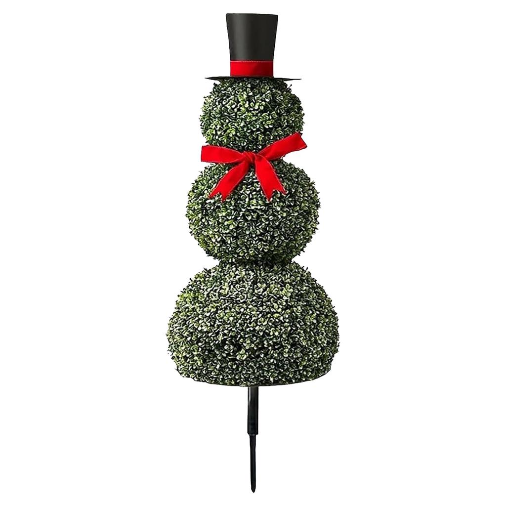 Christmas Artificial Snowman Shaped Topiary Tree Pot with Red Bow Faux Plant for Indoor Outdoor Home Porch Yard Holiday Decor