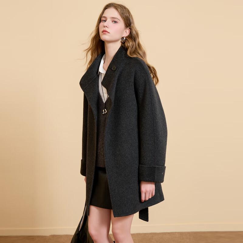 San Cai 2025 Winter Stand Collar Double-faced Wool Coat