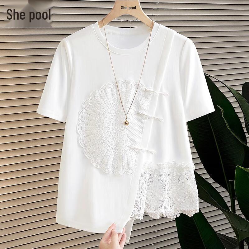 Shechi Women s Lace Splicing Short Sleeve T-Shirt S
