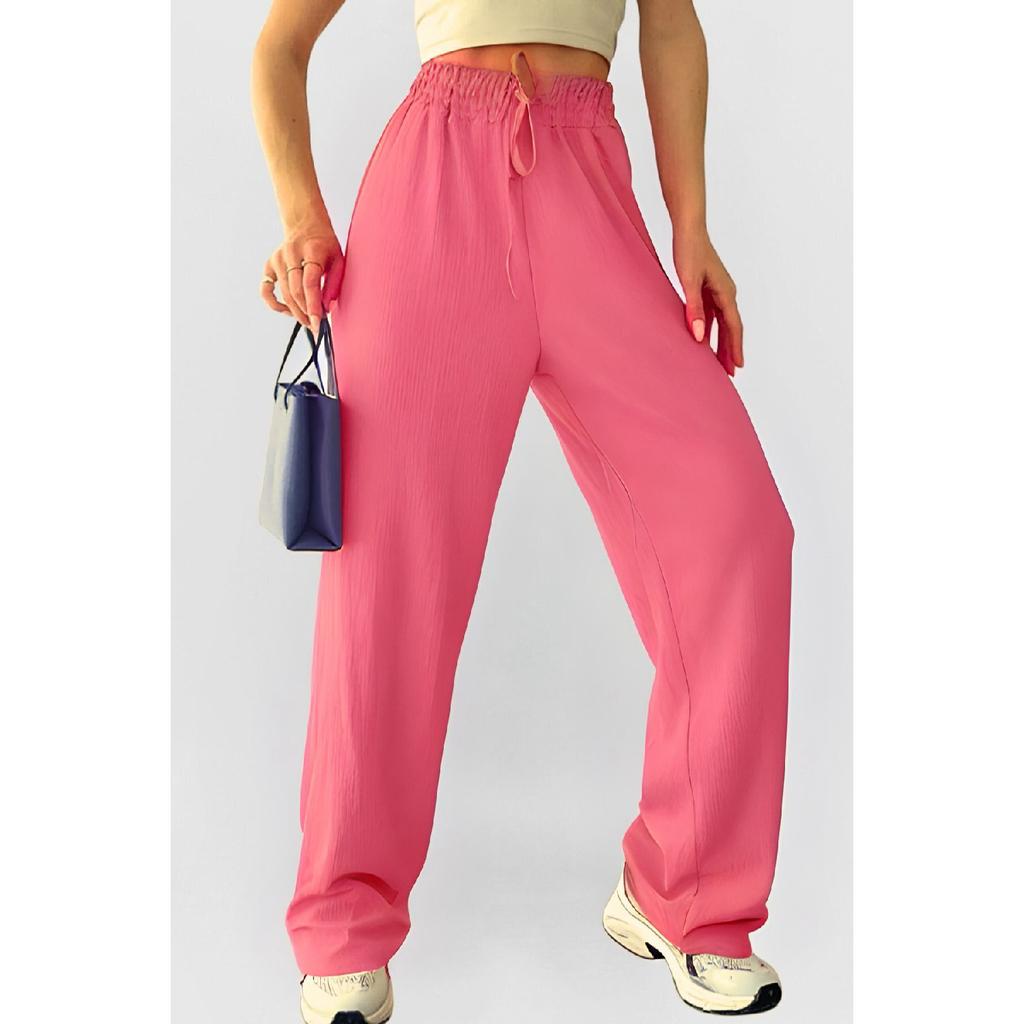 Women's Elastic Waist Summer Textured Wrinkled Palazzo Trousers