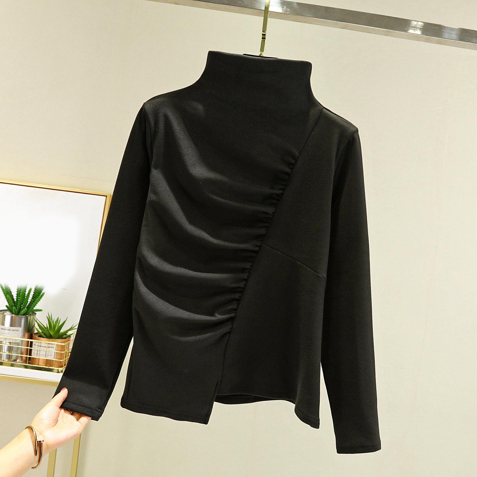 

Женское свободное удобное повседневное модное и теплое нижнее белье с бесшовным полувысоким воротником и топом с длинными рукавами из толстого велюра XXL чёрный