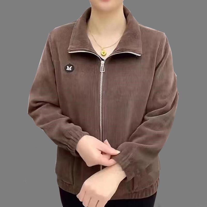 Jesienna kurtka sztruksowa z długim rękawem damska plus size luźny krój casual jednolity kolor top dla kobiet w średnim wieku i starszych