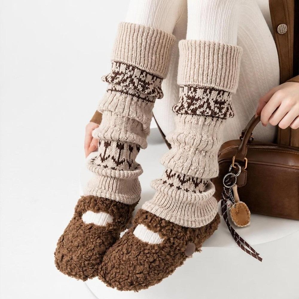 Fair Isle Style Calf Socks Cashmere Blend Leg Cuffs Slouch Leg Warmers Autumn Winter Wear