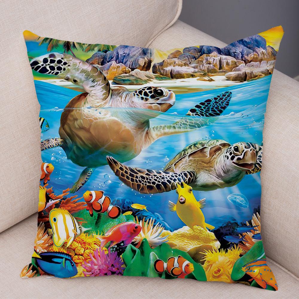 Marine Turtle Dolphins Shark Cushion Cover Short Plush Decor Colorful Ocean Animal Pillowcase Pillow Case for Sofa Home Car