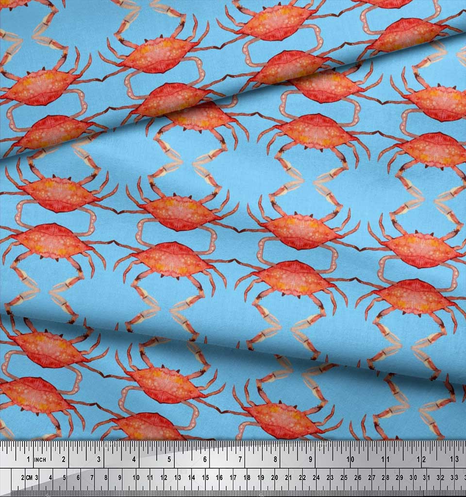 Soimoi Beige Japan Crepe Satin Fabric Crabs Ocean Print Fabric by the metre 42 Inch