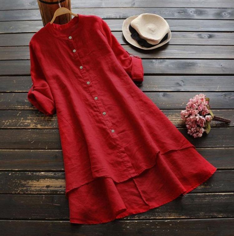 2025 Spring Summer Women’s Long Shirt Cotton Linen Solid Color Buttoned