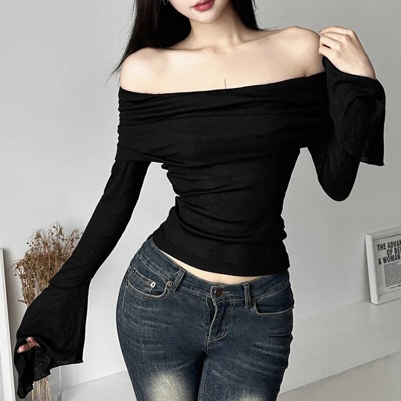 Y2k estetyczne damskie przezroczyste koszulki głęboki dekolt z długim rękawem jednokolorowe t-shirty na co dzień Vintage Off Shoulder seksowne urocze koszulki