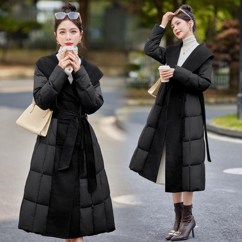 Extra Long Over-the-Knee Down and Wool Coat with Belt and Large Lapel for Autumn & Winter YJ1393