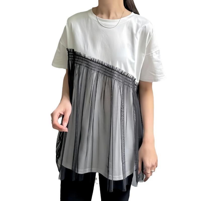 Good Fabric Japanese Summer Top Women's Simple Casual Mesh Splicing Short Sleeved Round Neck Pullover T-shirt