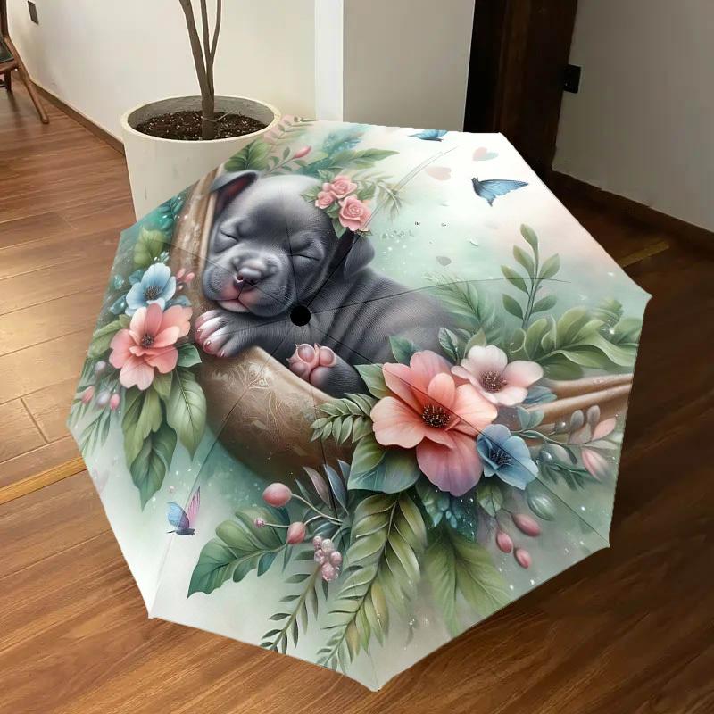 1PC Puppy Flowers Umbrella-8-Rib Reinforced, Automatic Open, Lightweight & Durable, Fashion Accessory for Outdoor-L0371