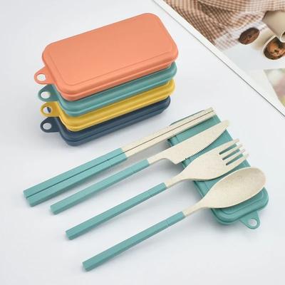 Portable Travel Cutlery Set, 4pcs Wheat Straw Dinnerware Set with Knife, Fork, Spoon and Chopsticks, Eco - Friendly Utensil Box