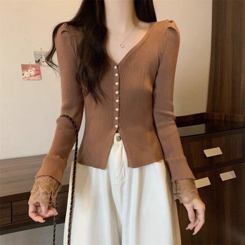 Private Lady Knit Cardigan With Lace Splicing And Princess Sleeves For Spring Wear