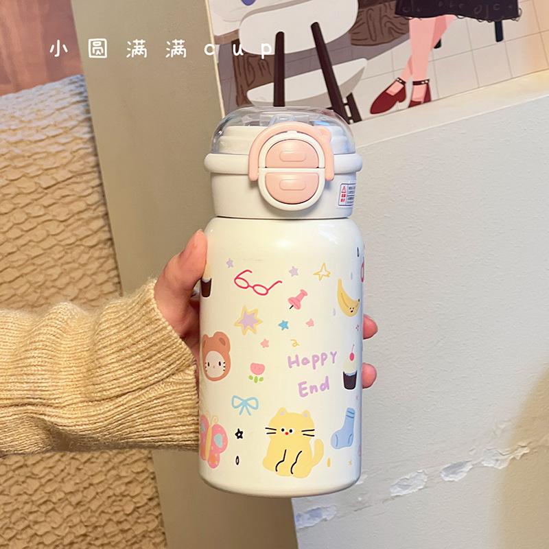 Thermos Cup Ins Wind New Girls High Value Straw Stainless Steel Large Capacity Portable Carrying Ring Student Water Cup
